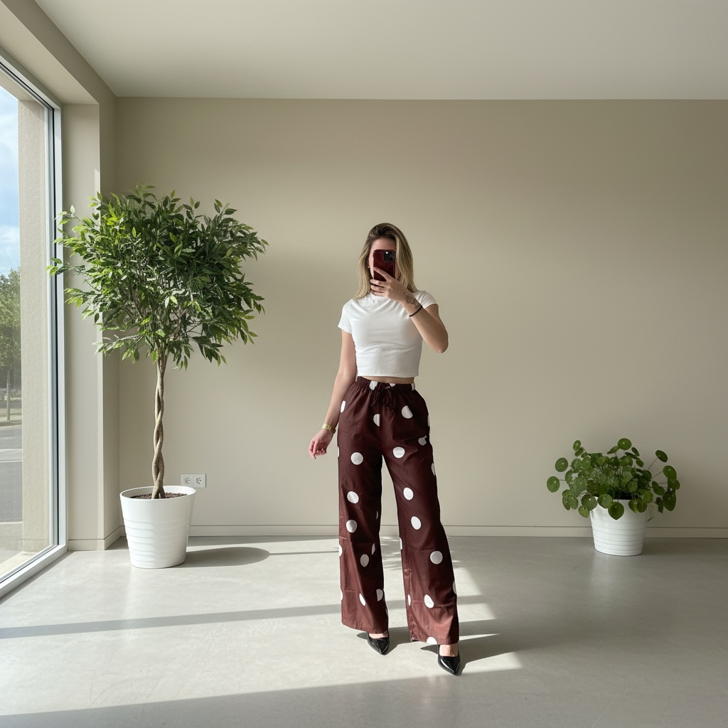 Pantalon large satiné à pois avec taille ajustable