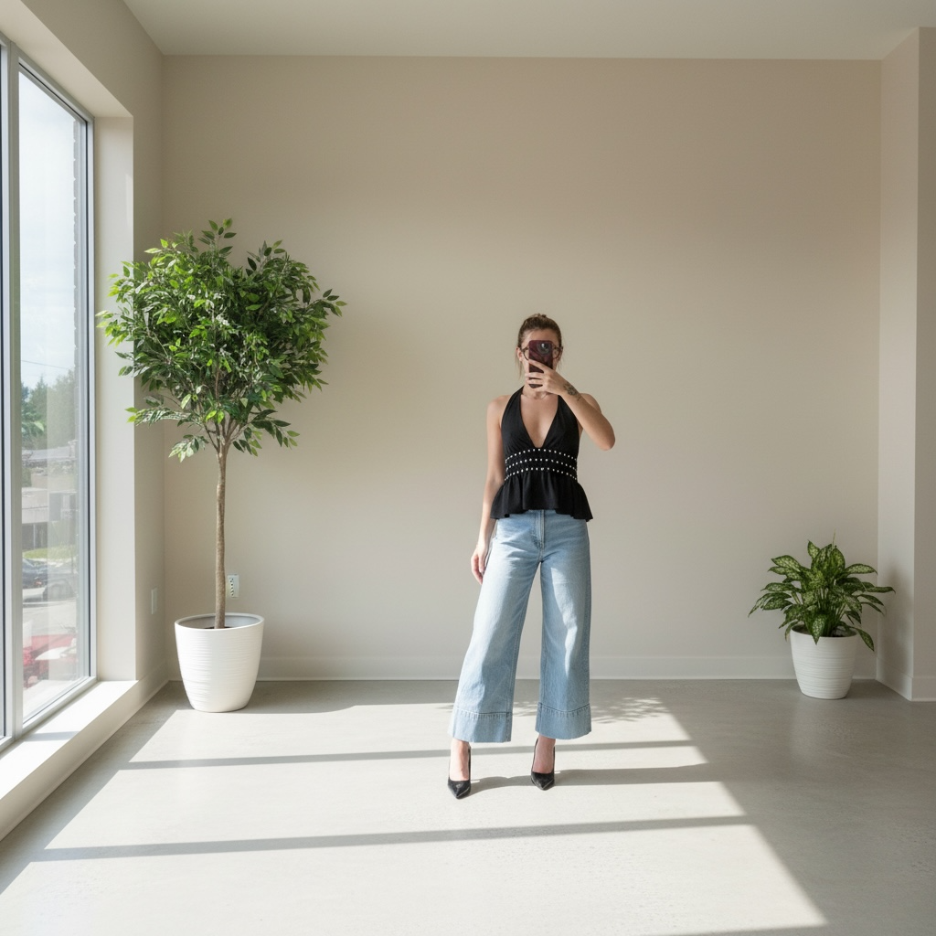 Top Halter à Décolleté Plongeant et Taille Cloutée