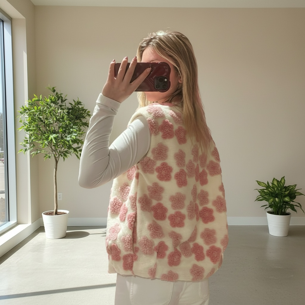 Veste sans manches en polaire douce à fleurs roses