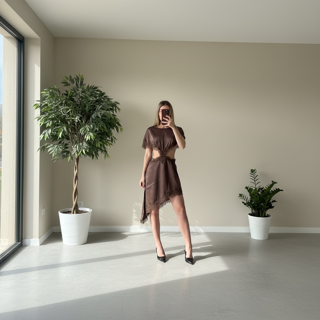 Robe marron satinée + dentelle
